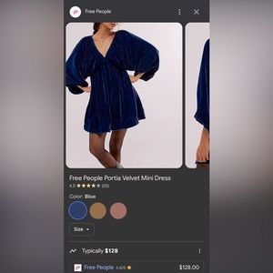 Free People velvet dress “midnight rain” color… flowy…pockets…deep V